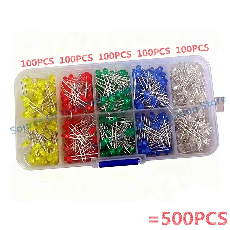 3mm LED'ler: 5 renk (beyaz, kırmızı, mavi, yeşil ve sarı) için her biri 100 adet.