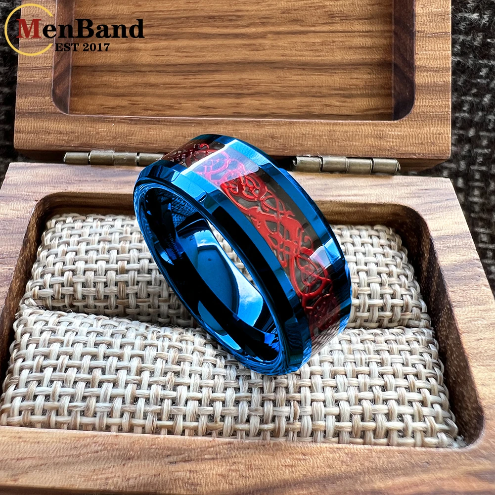 MenBand New Style 8MM Blue Tungsten Carbide Wedding Band Rings Gold Color Dragon And Carbon Fiber Inlay Comfort Fit