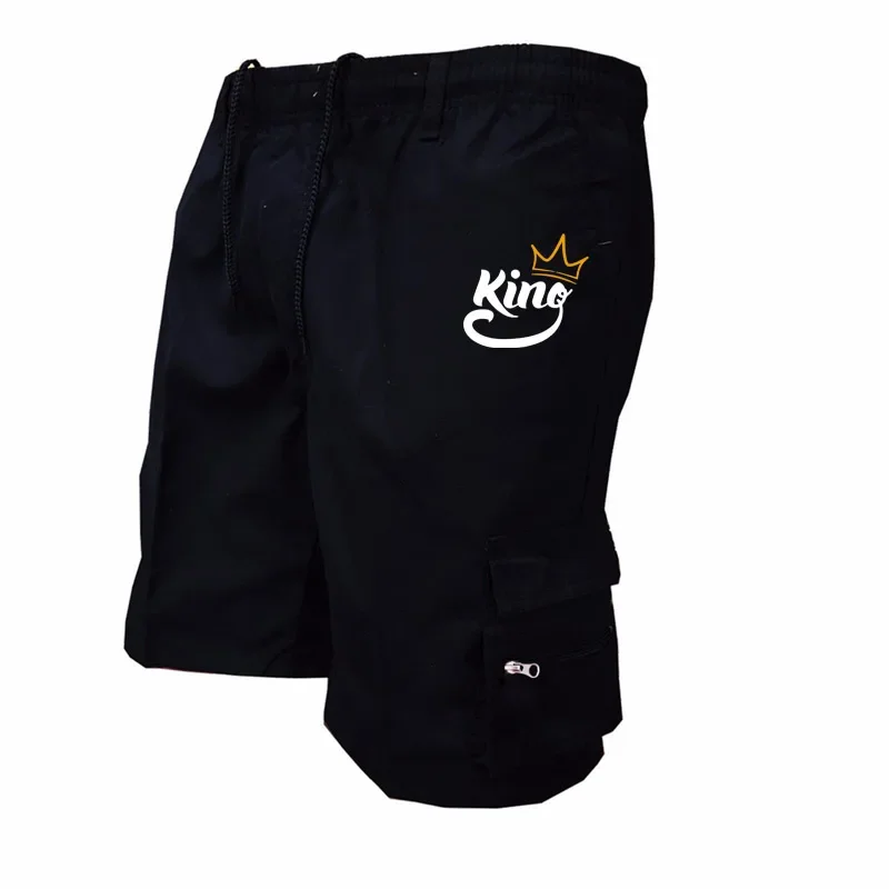 Men King Print Short Shorts Loose Beach Cargo Shorts and Hiking Shorts Overalls Men\'s Bottoms Drawstring Trousers