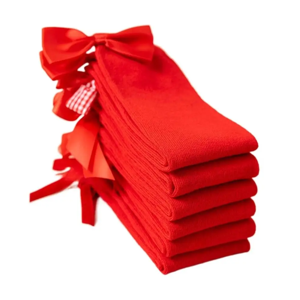 Cute Cotton New Year Red Socks MidTube Comfortable Children Long Socks Princess Sweet Bow Hosiery for Autumn