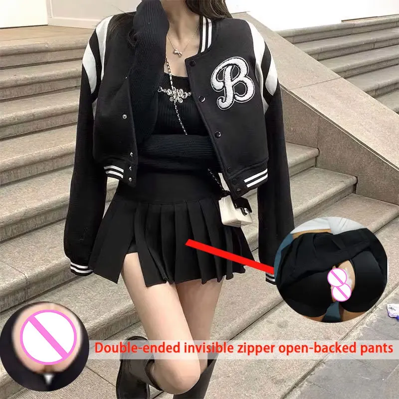 2025 Invisible Open Crotch Pants Women Pleated Skirt Spring/Summer Black High Waist A- Line Skirts Slit Half-Length Skort Lady