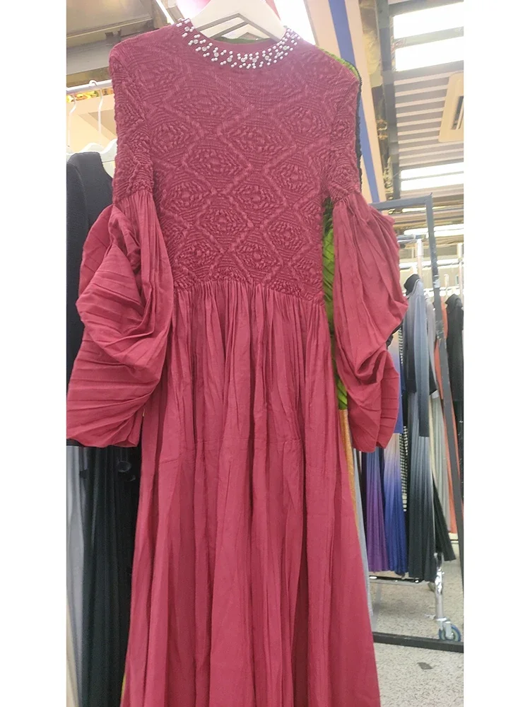 

Fashion Casual Peplum Round Neck Elegant Women's Banquet Dresses Long Sleeve Miyake 2025 Summer New Beaded Pleated Dress