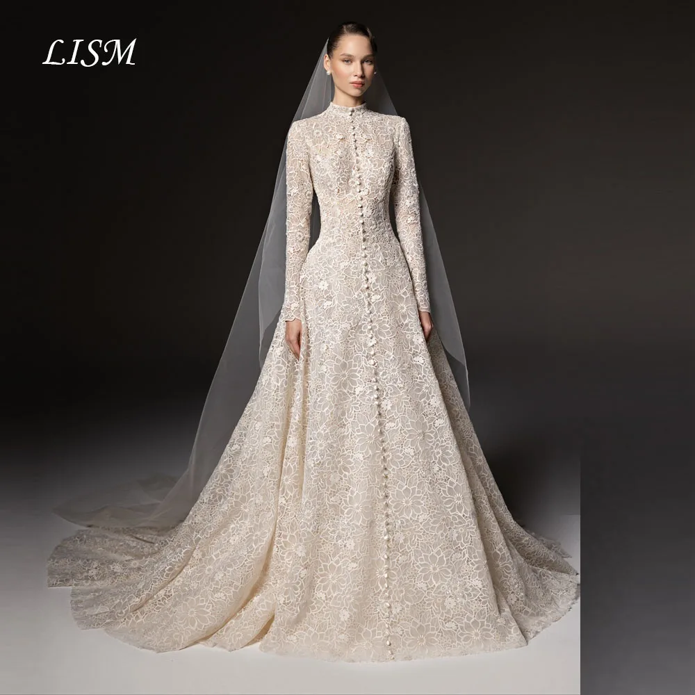 LISM High Neck Full Sleeves Brautkleider A-Linie Luxus Seide Spitze Maßgeschneiderte elegante lange Brautkleider 2026 Robe de mariée