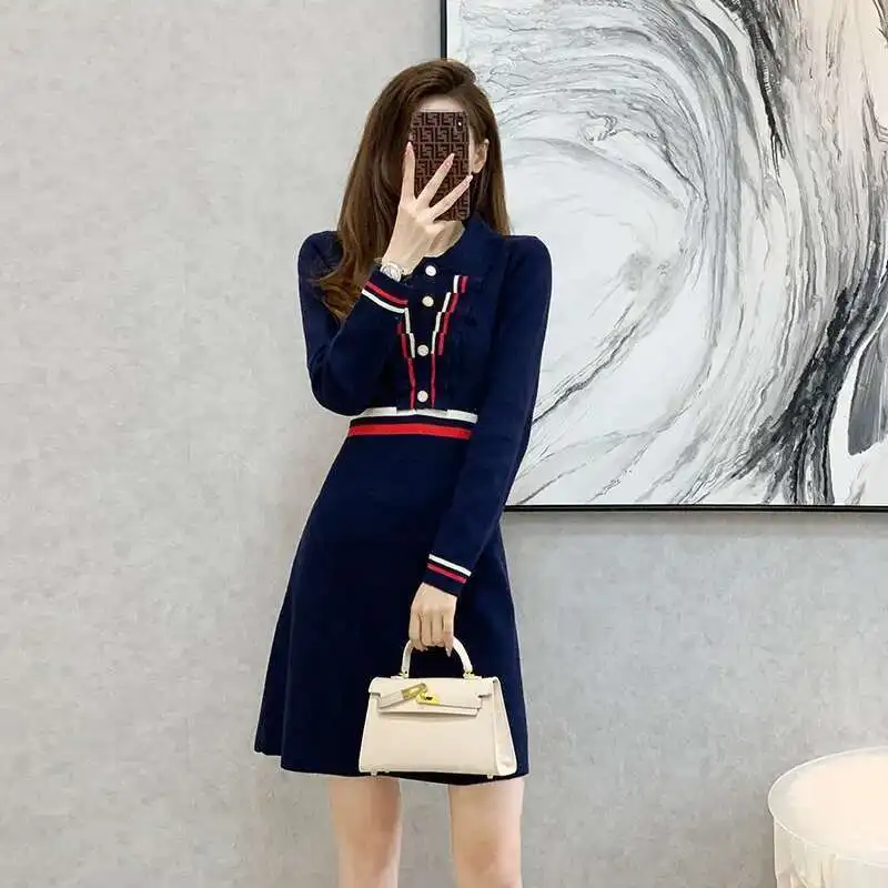 #0949 Navy Blue Sweater Dress Women Polo Collar Buttons Office Knitwear Mini Dress Female Slim Sexy A-line Short Knitted Autumn