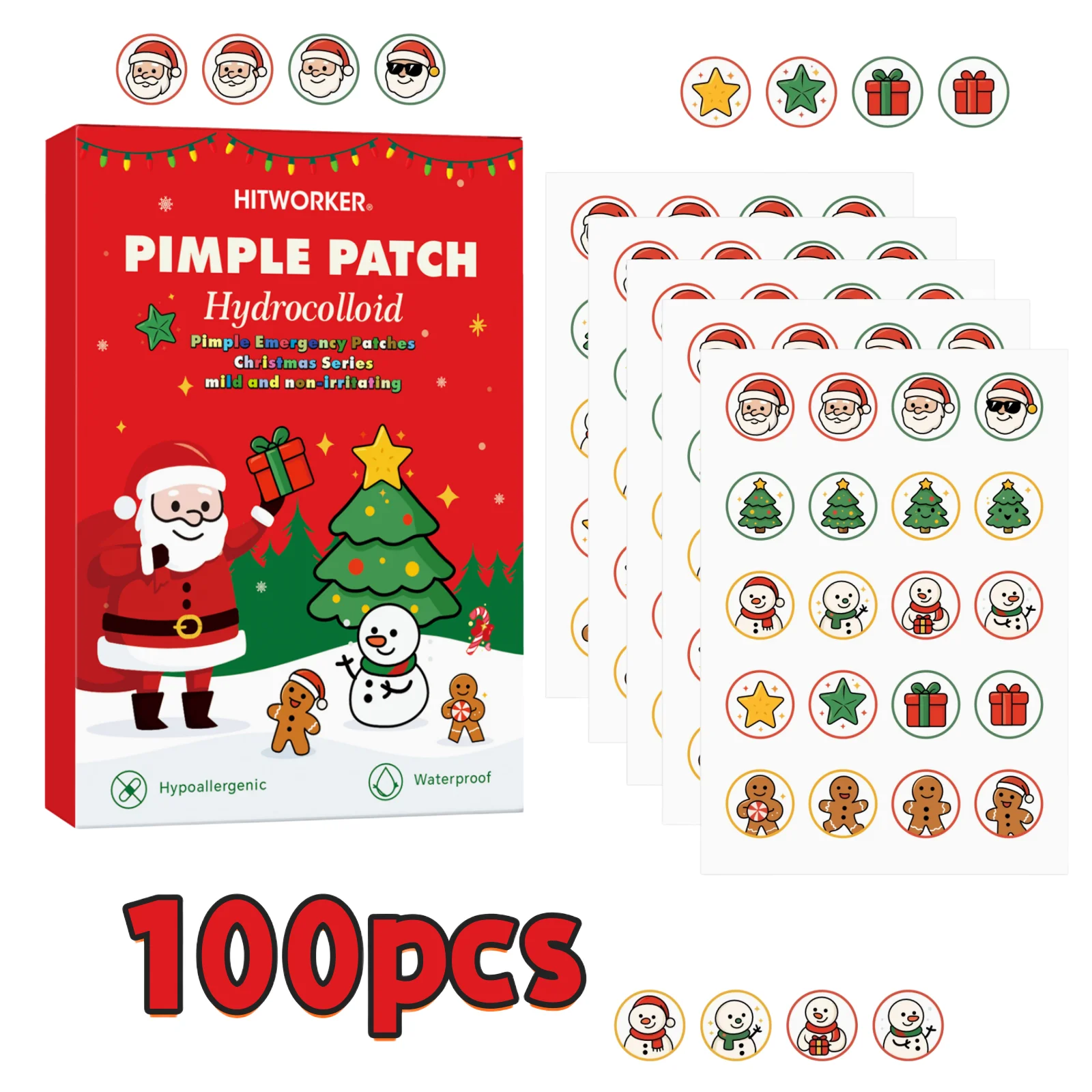 100 Christmas Acne Patches! Six Kinds of Christmas Element - Shaped Acne Patches, Fast and Gentle Beige Skincare Product