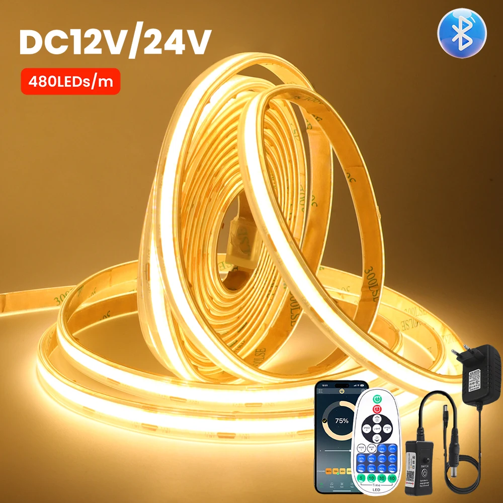 

Bluetooth 12V 24V COB LED Strip Light 23key Remote EU US UK AU Power Kit 480LEDs/M Flexible Tape Warm Natural White 0.5m 5m 10m