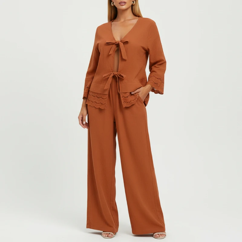 ชุดลำลองผู้หญิงแบบ 2 ชิ้น ชุดเซ็ทกางเกงขายาวแต่งลูกไม้ แขนบานผูกโบว์ เสื้อคลุมคาร์ดิแกน และกางเกงขายาวทรงกว้าง ชุดสูท 2 ชิ้น ไซส์ 2XL