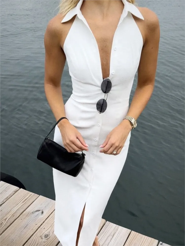 

Fashionable And Simple Split Long Dress Women's Summer Sexy Hot Girl Lapel Sleeveless Single-breasted Multi-button Dress
