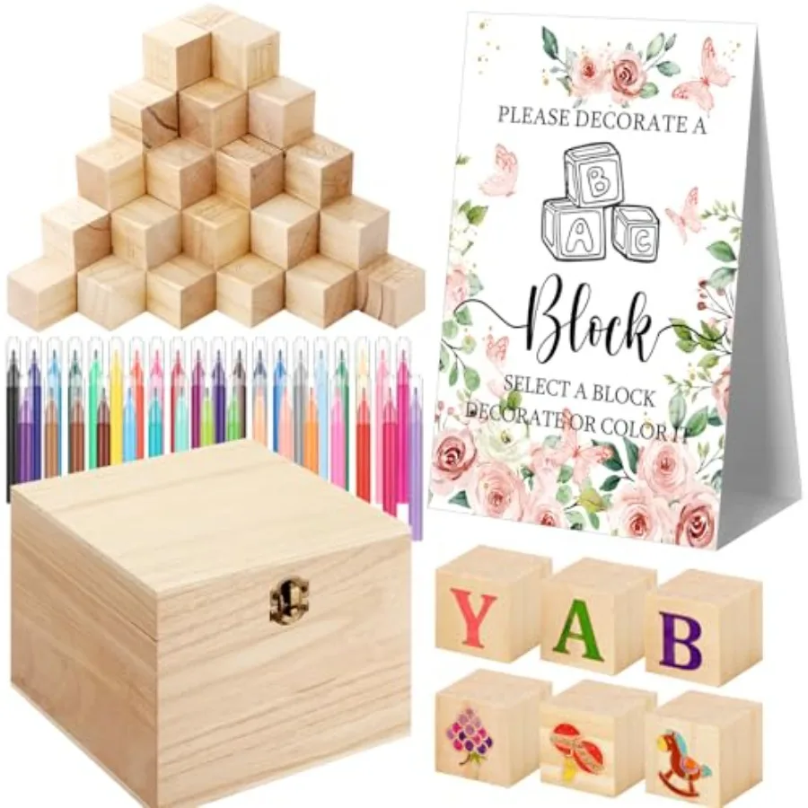 

136 Pcs Baby Shower Blocks to Decorate Game Kit Includes 98 Wooden Blocks, 36 Markers, 1 Game Sign, 1 Storage Box for Baby Showe