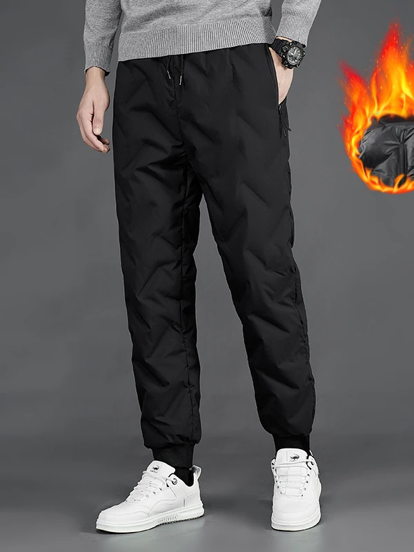 

Мужские зимние теплые пуховые брюки с застежкой-молнией и застежкой-молнией, повседневные длинные брюки из полиэфирного волокна с высокой талией