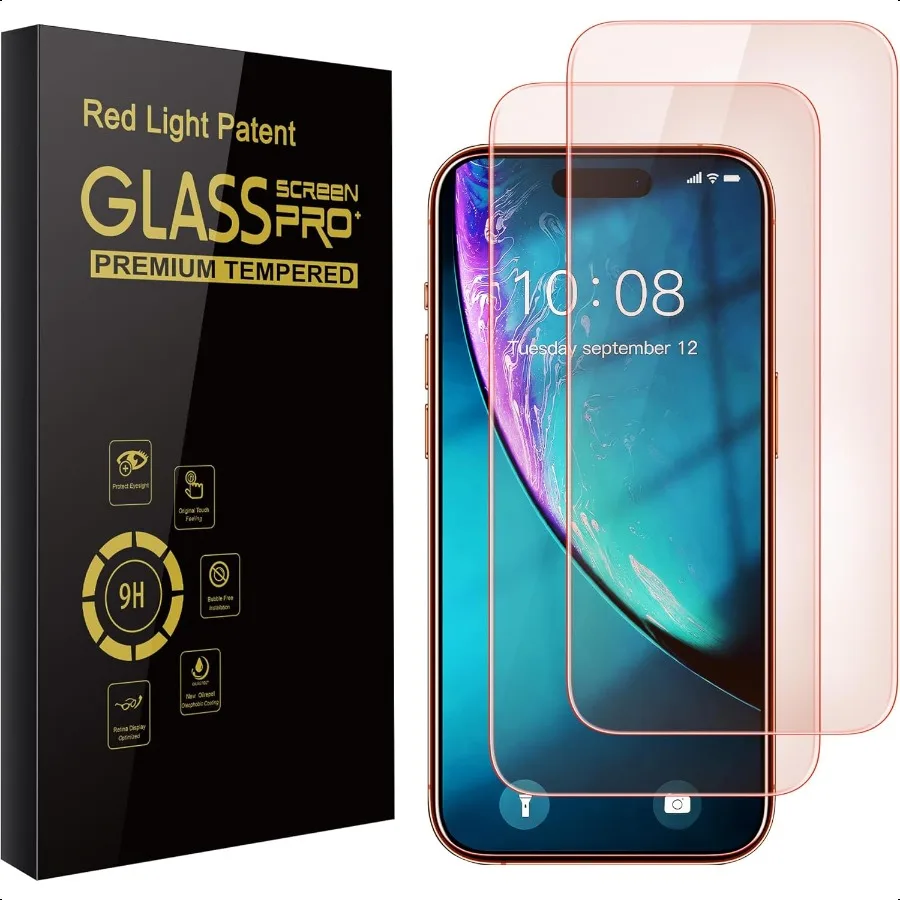 

Комплект из 2 защитных пленки для iPhone 17 Pro Max [6,9 дюйма] с монтажной рамкой, новый красный свет, защитное стекло из закаленного стекла 9H
