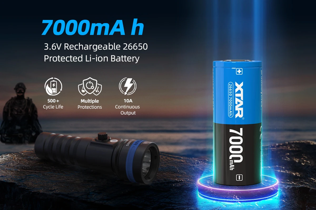 XTAR 2/4PCS 3.6V 26650 7000mAh Rechargeable Li-ion Battery 10A Output 500+ Cycles with  protective plate -20℃~60℃