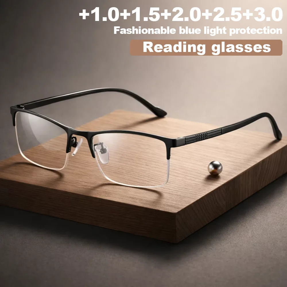 1 Stück Photochrome Halbrand-Lesebrille mit Metallrahmen, Blaulichtfilter-Lesebrille für Herren, Geschäftsnutzung
