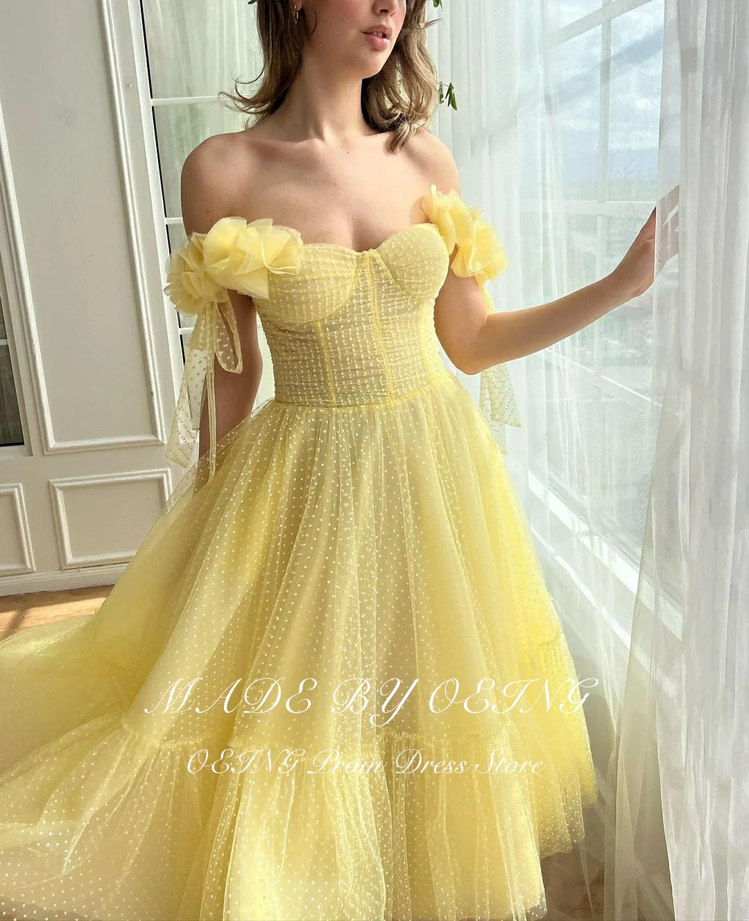 OEING Fairy Yellow Prom Dresses Princess Tulle Tea Length Women Evening Gowns Pastrol Off The Shoulder Wedding Party Dress