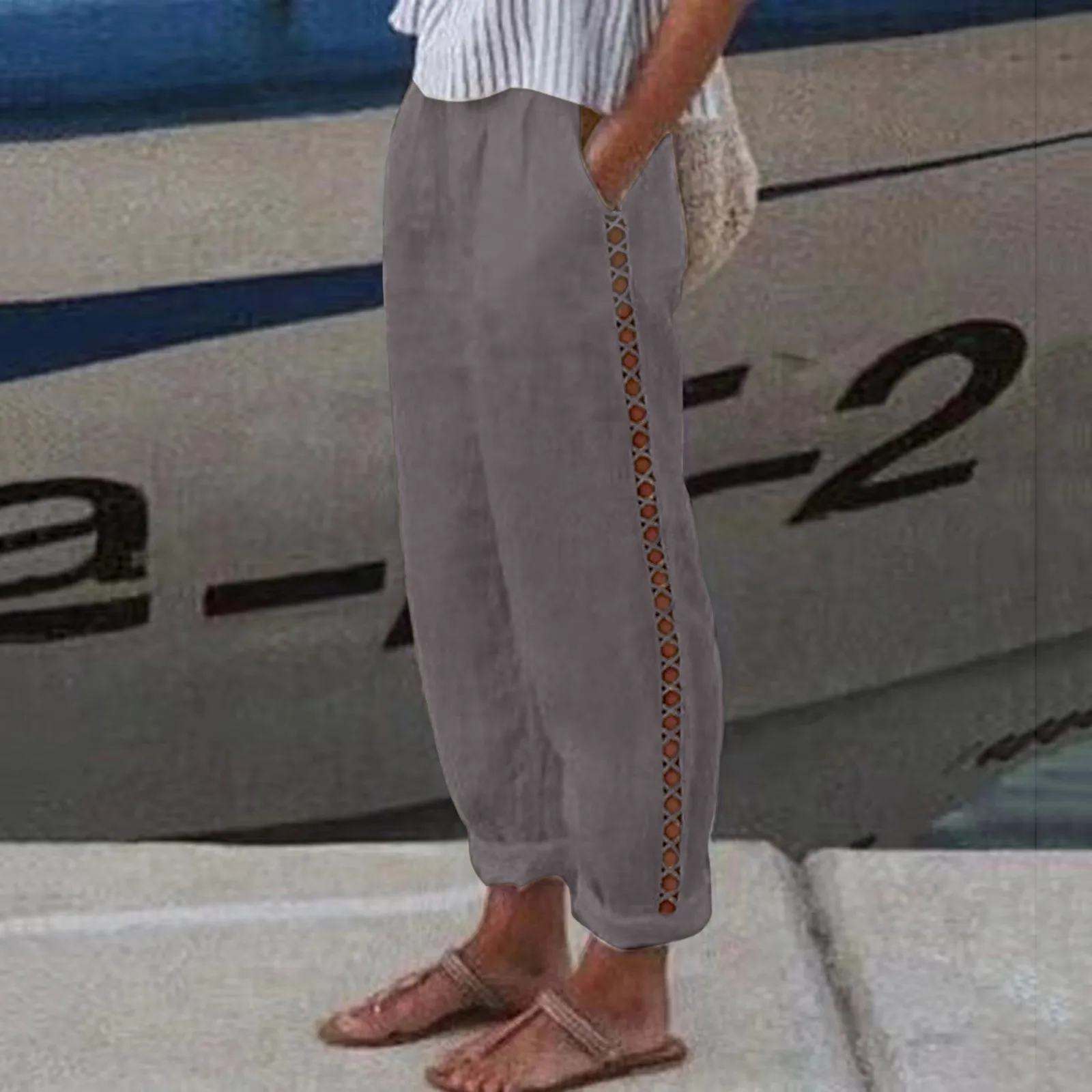 Women Cotton Linen Loose Wide Leg Pants 2023 Spring Summer Casual Solid Drawstring Elastic Waist Comfy Trousers Hollow design