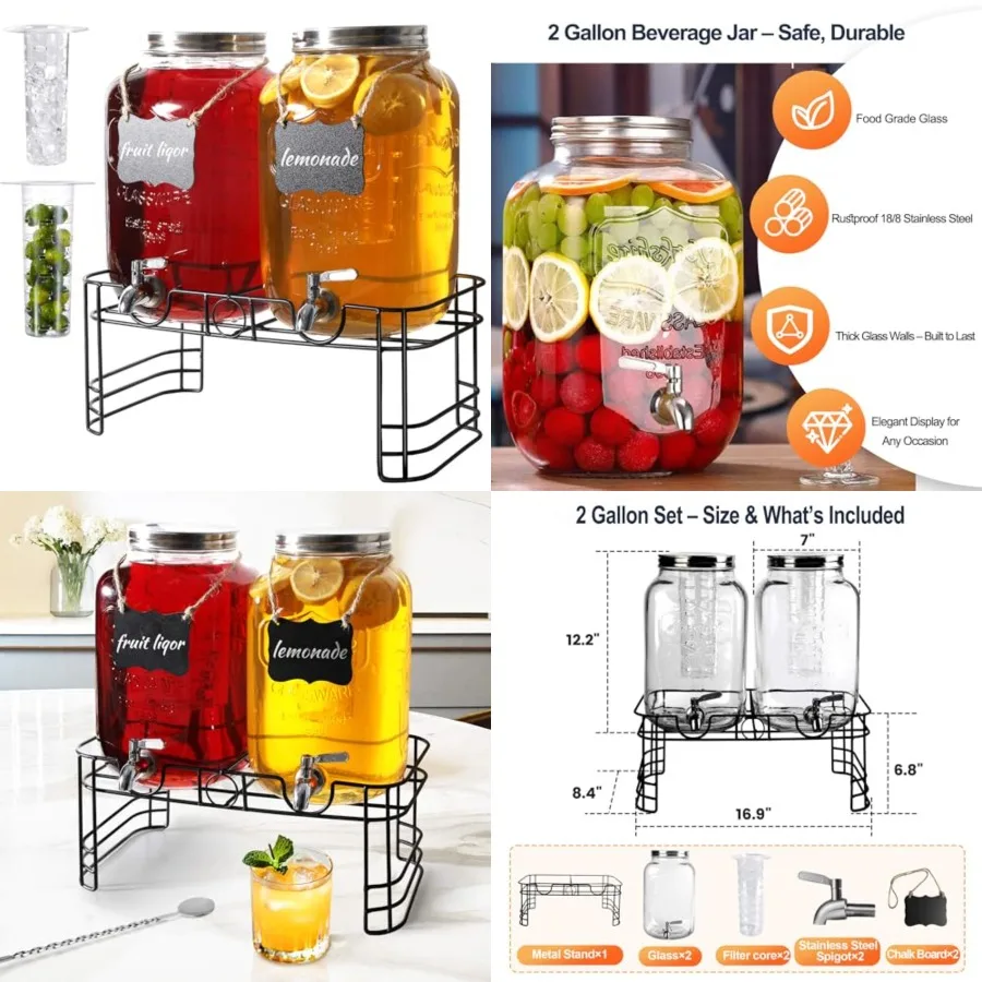 

Drink Dispensers for Parties, 2 Pack Glass Beverage Dispenser with Stand 18/8 Stainless Steel Spigot, Lemonade Jug for Wedding,