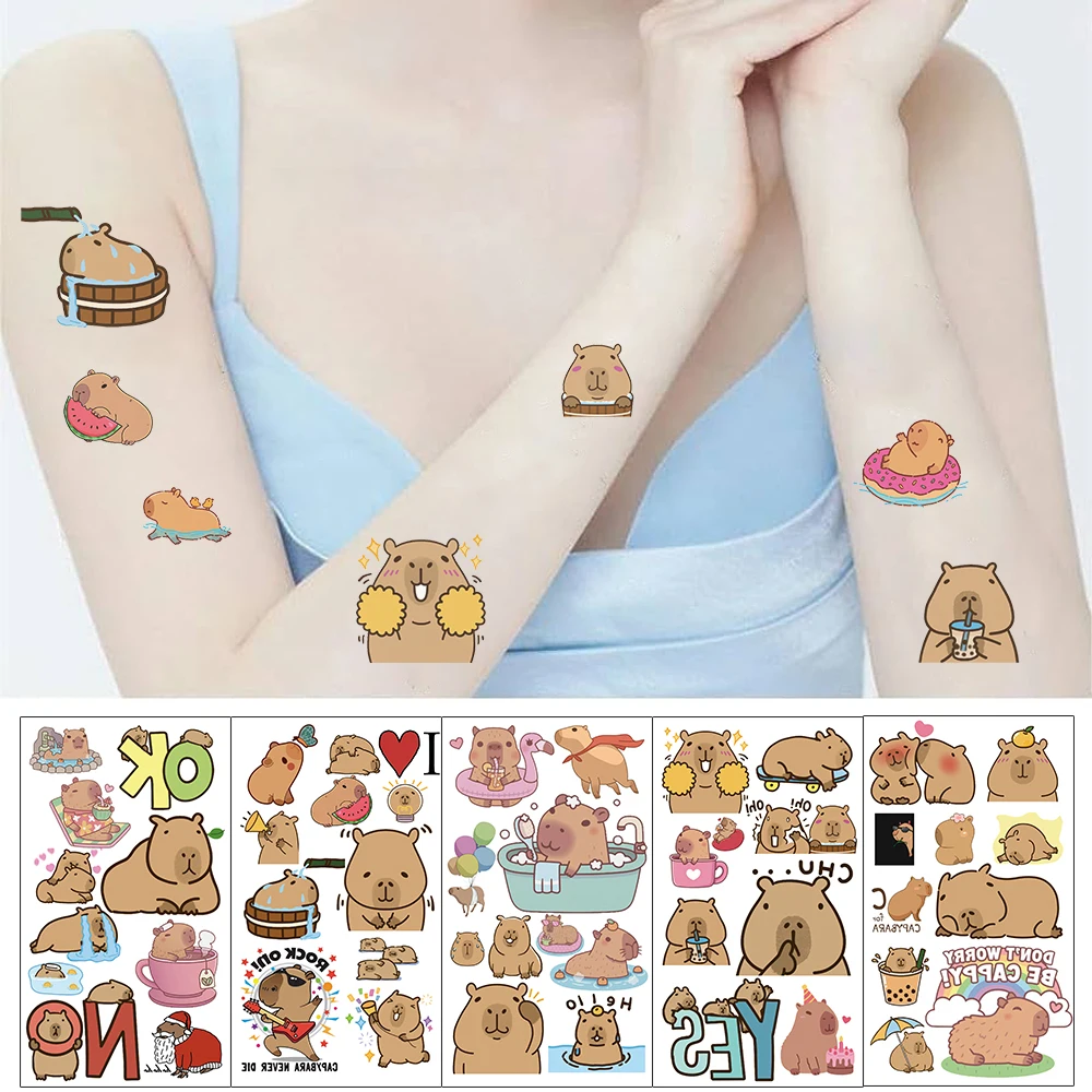 Pegatinas de tatuaje Capybara para niños, tatuajes temporales de dibujos animados para niños, niño, niña, arte, animales, regalo de cumpleaños, 10 piezas por juego