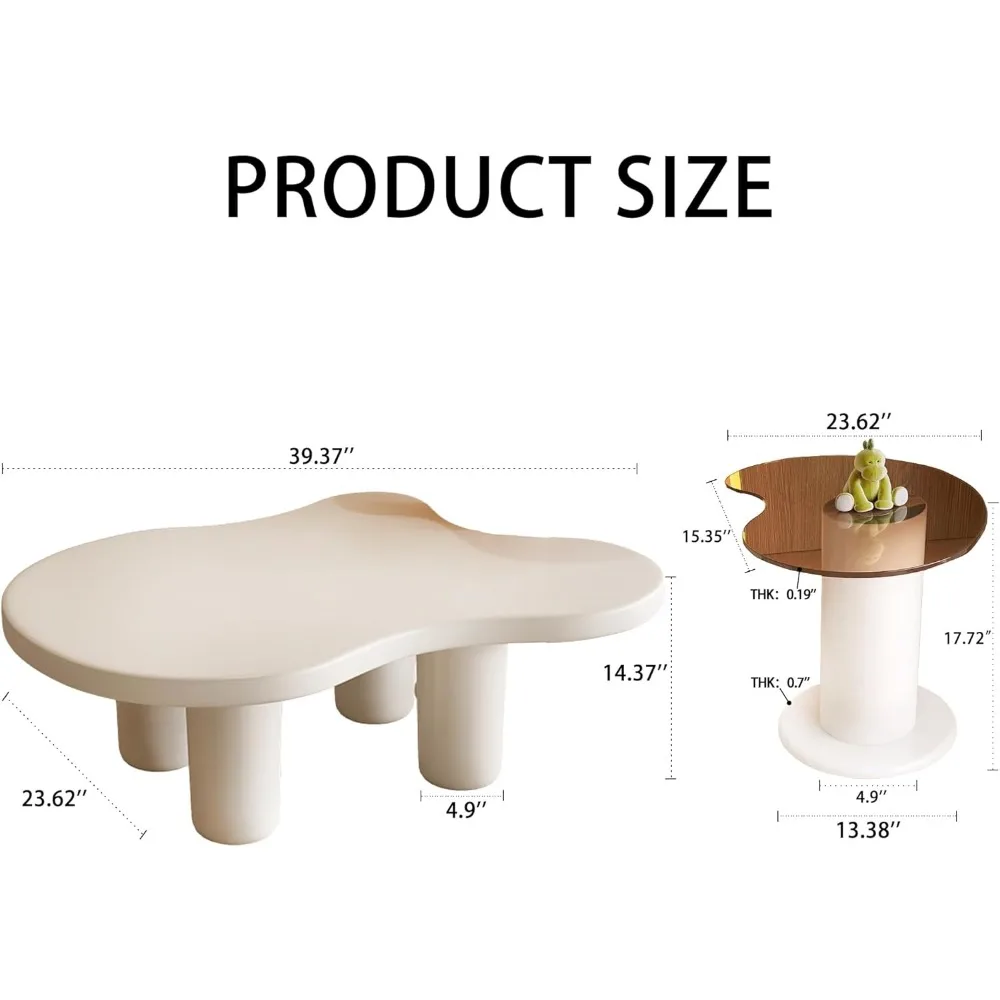 Conjunto de 2 mesas de centro em nuvem branca creme, mesa de centro aninhada, mesa de centro irregular moderna de 39 polegadas com mesa lateral superior de vidro de 24 polegadas