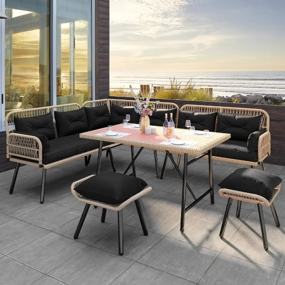 

Patio Wicker L-Shaped Furniture Set, All-Weather Rattan Outdoor Conversation Sofa Set , Garden Tables and Chairs Suit