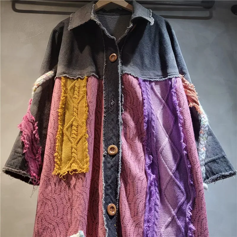 2025秋冬新作 レディースファッション カジュアル 多用途 パープルカラーブロック デニムジャケット ルーズ ロングトップ トレンドコート