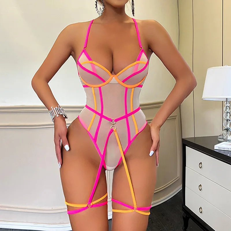 

Erotic Backless Underwear Bodysuit Women Lace Contrast Shapewear Bodycon Perspective Mesh Sexy Slim Body-shaping Jumpsuit 2024