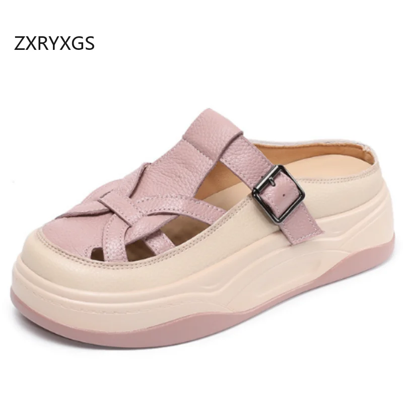 

ZXRYXGS 2025 New Summer Round Toe Premium Real Leather Slippers Platform Increase Shoes Wedges Sandals Women Outerwear Slippers