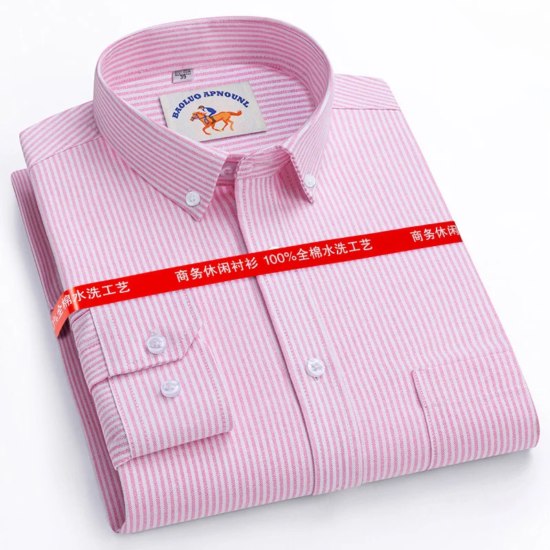 6XL 7XL Men's Shirt Long Sleeve Oxford Spunspring Summer 100% cotton no-iron Fashion plaid stripe casual high quality
