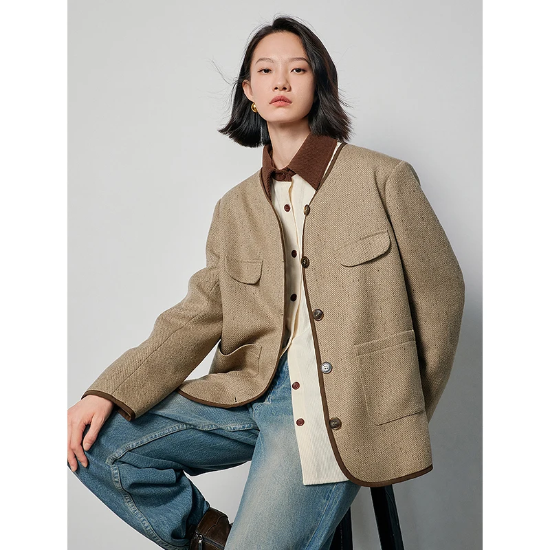 TOYOUTH Women Jacket Coat 2024 Spring New Contrast Color Pocket Single Breasted Button V neck Outwear Jacket