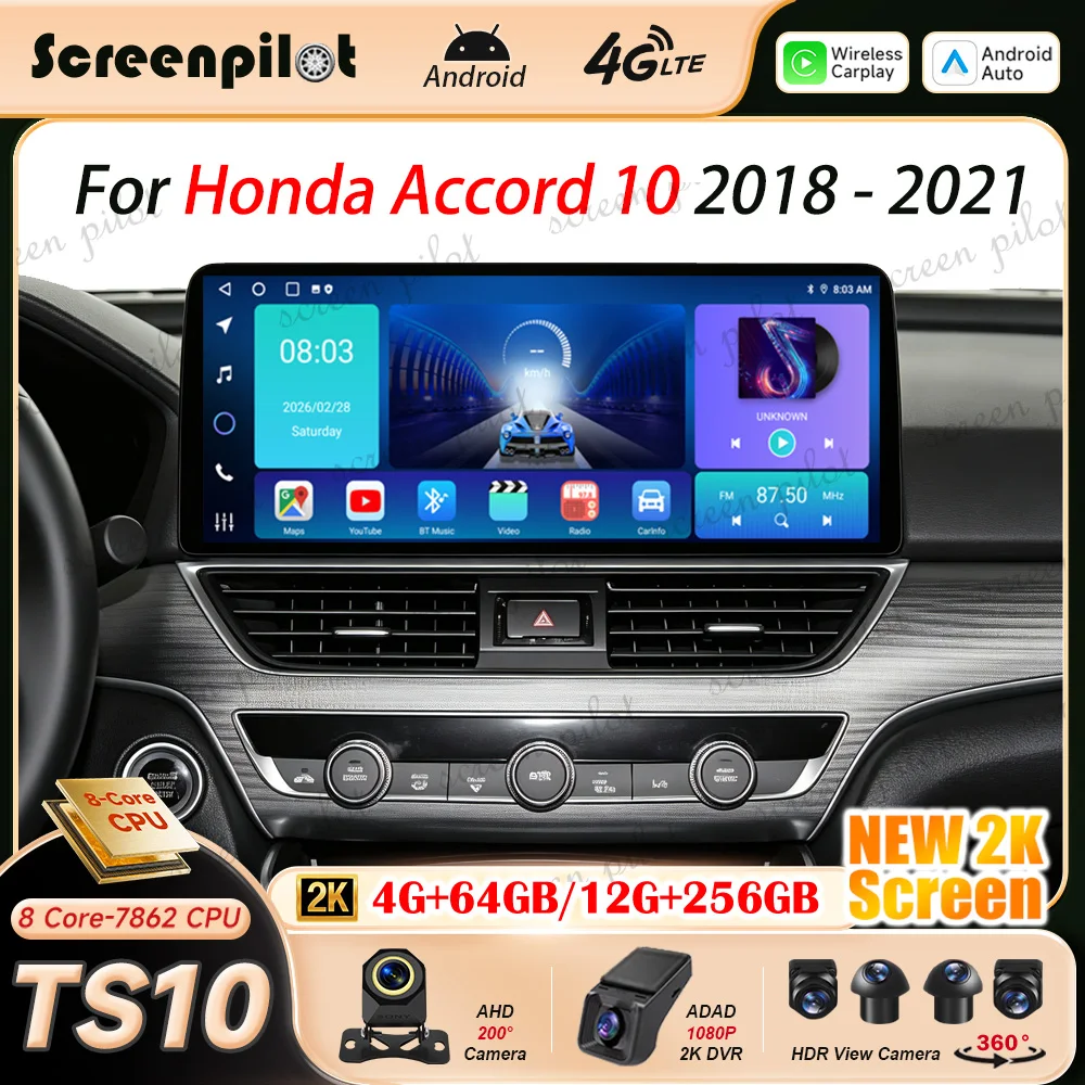 12.3'' Android 16 For Honda Accord 10 2018 2019 2020 2021 Stereo Head Unit Car Radio Stereo Multimedia GPS Navigation 2K QLED 5G