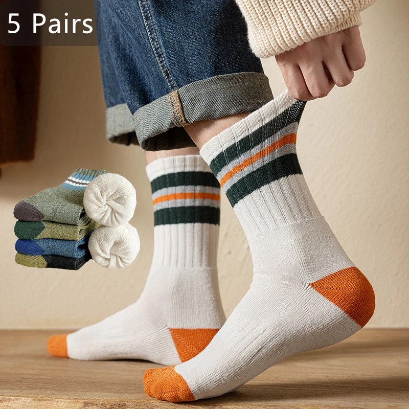 

5 Pairs Man Short Terry Socks Winter Cotton Thick Striped Compression Elastic Sweat-Absorbing Towel Bottom Floor Crew Sport Sock