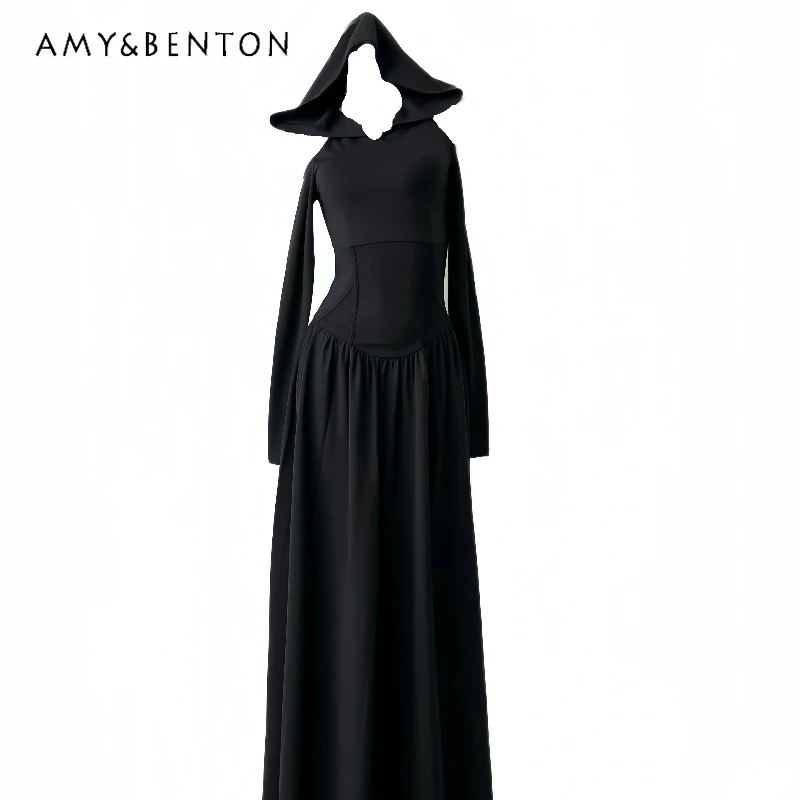 

Halloween Women's Clothing Gothic Dark Sweet Cool Sexy Long Sleeve Dress Slimming Autumn Winter Black Hooded Long Dresses Ladies