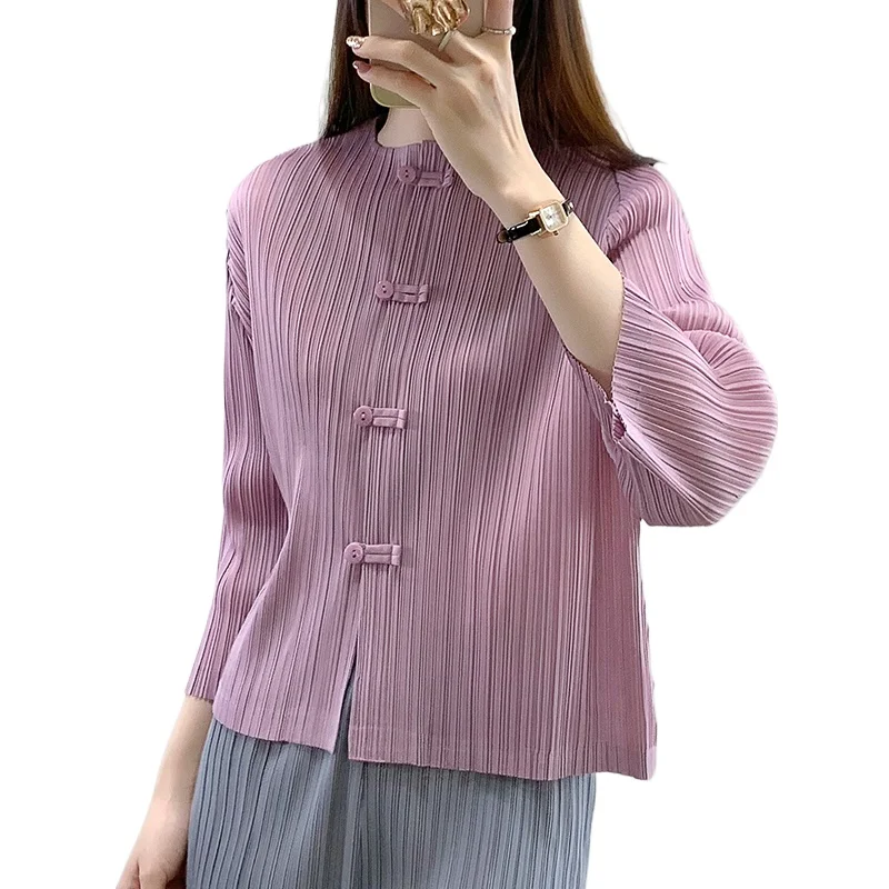 Miyake Geplooide Top Damesjas Herfst Retro Chinese Stijl High-End Lange Mouwen Chinese Stijl Button Up Temperament top