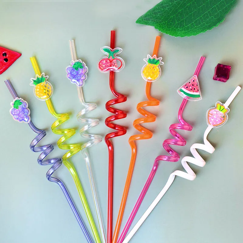 16-Pack Fruit-Shaped Straws: Reusable, food-grade plastic spiral drinking straws, perfect for birthday party decorations