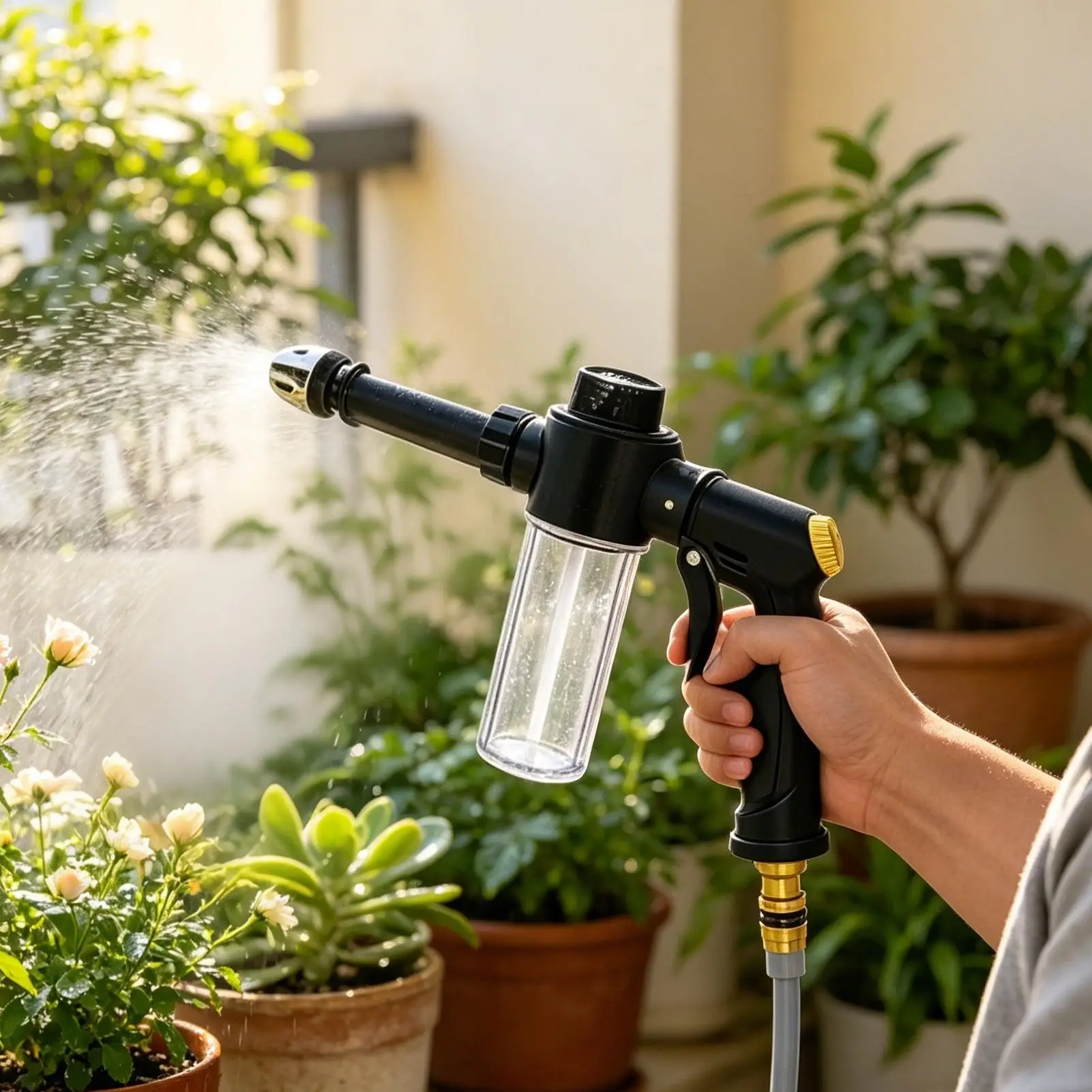 Spray Nozzles For Garden Hose With Foam Bottle Adjustable Head Spray Nozzle For Outdoor Lawn Yard Garden Patio Plant Watering