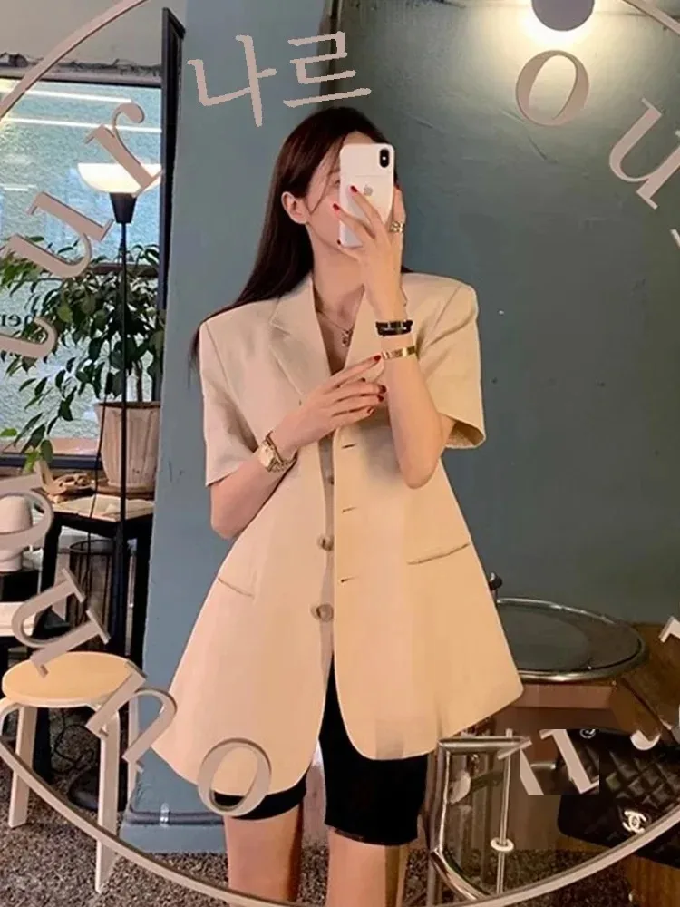 Korean Fashion Office Lady Temperament OL Suit Jacket Solid Cotton Linen Single Breasted Casual Women Short Sleeved Suit Jacket