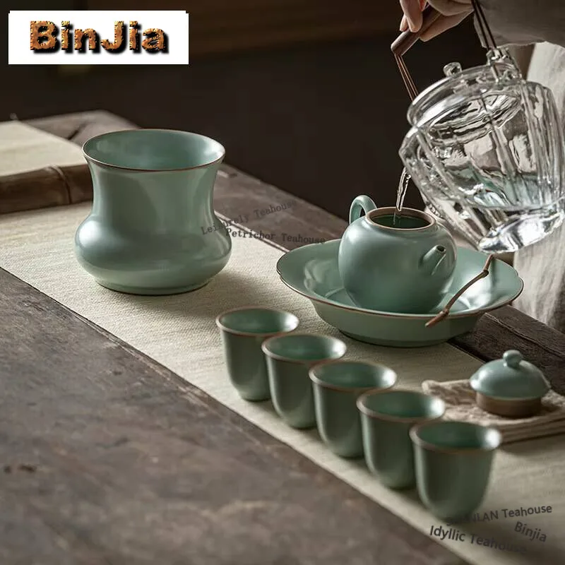 500ml Retro Azure Ru Porcelain Jianshui Japanese TeaCup Wash Writing-brush Washer Tea Residue Barrel Chaxi Tea Services Ornament