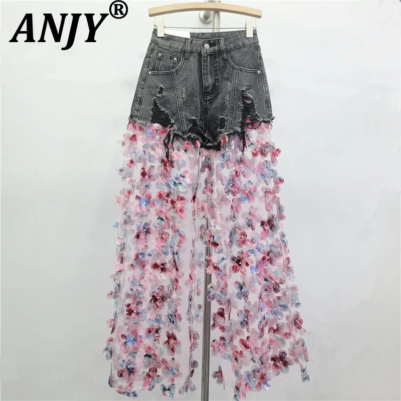 

ANJY, осенне-зимние новые женские легкие роскошные трехмерные широкие джинсы с цветочным кружевом, модные утягивающие шикарные джинсы A16759