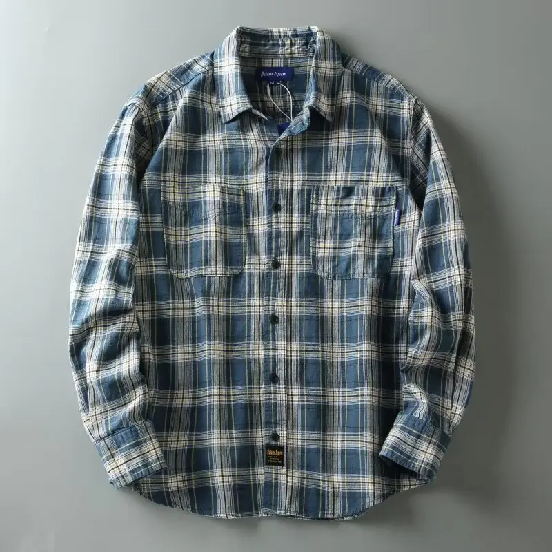 Spring Autumn Japanese Vintage Checkered Shirt Men's Korean Fashion Harajuku Casual Loose Long Sleeved Shirt Jacket Streetwear