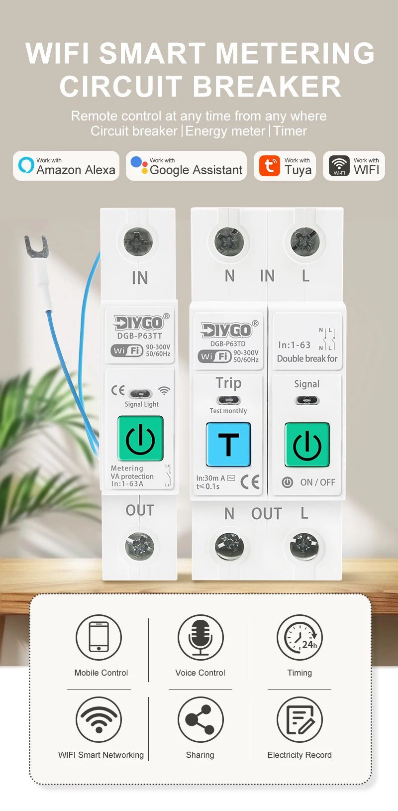 DIY GO TUYA 2P Leistungsschalter WIFI Smart Switch 1-63A Energiezähler Spannungs- und Stromüberwachung Leckageschutz Relais-Abschaltung L+N – Detail 1