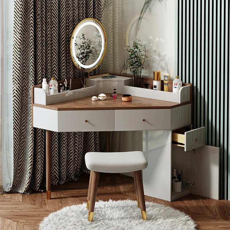 White European Vanity Table Dest Modern Simple Solid Wood Drawer Makeup Vanity Desk Led Mirror Coiffeuse Meuble Furnitures Home