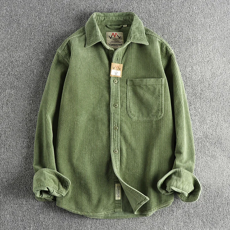 QICHE Men Custom Woven 100% Cotton Corduroy Long Sleeve Shirt Washed American Casual Single Pocket Overshirt Jacket