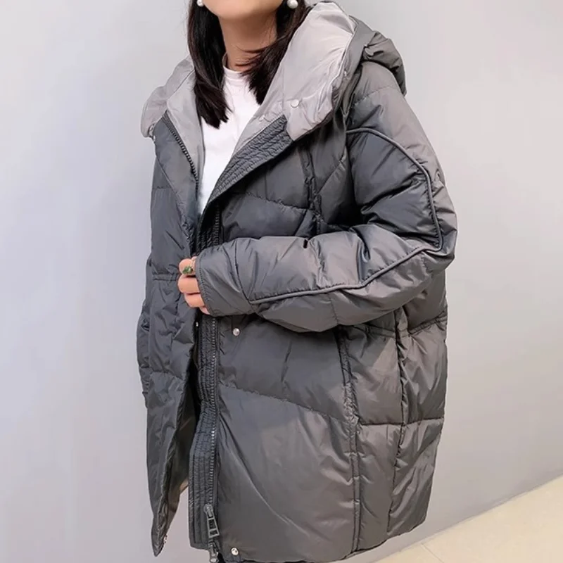 Winter Jackets Woman 2024 Puffer Coats Color Collision Casual Fashion Coats Down Mid-length Hooded Loose Jackets for Women