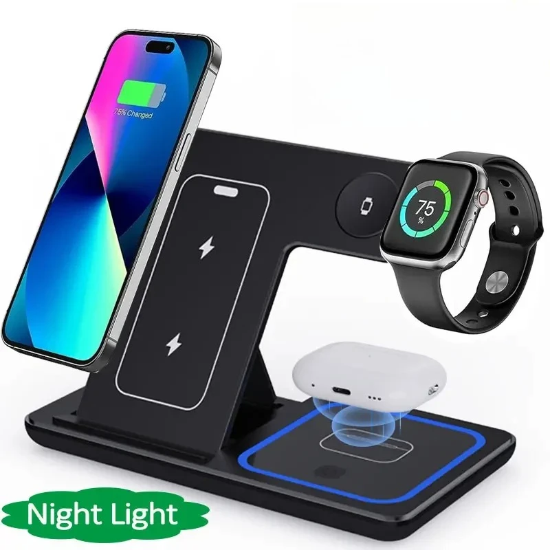 LED Fast Wireless Charger Stand 3 in 1 Foldable Charging Station For iPhone 17 16 15 14 13 12  Apple Watch 9 8 7 6 5 Airpods Pro