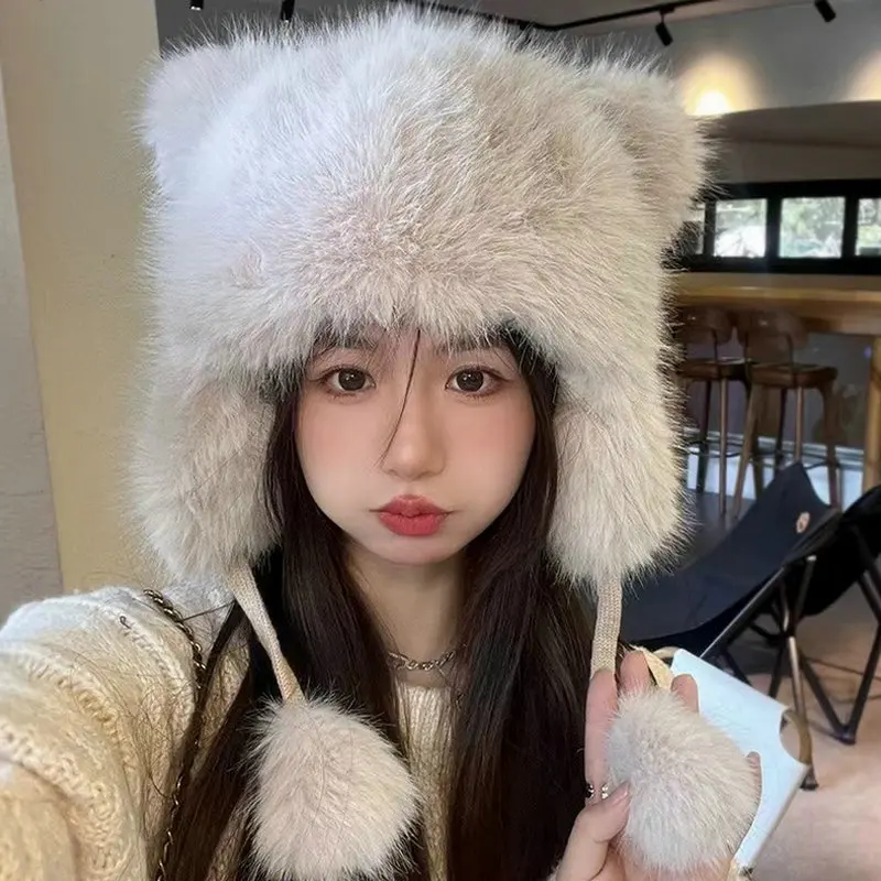 Korean Sweet Little Bear Tail Plush Bomber Cap Winter Women Keep Warm Windproof Ear Protection Cute Pom-pom Beanie Ear Hat