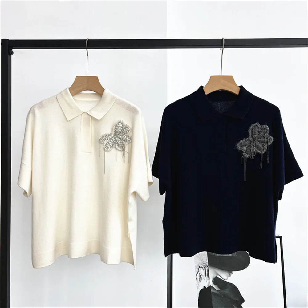 

25 Spring/Summer New Products Women's Floral Chain Lapel Pullover Loose Cashmere Knitted Short Sleeve