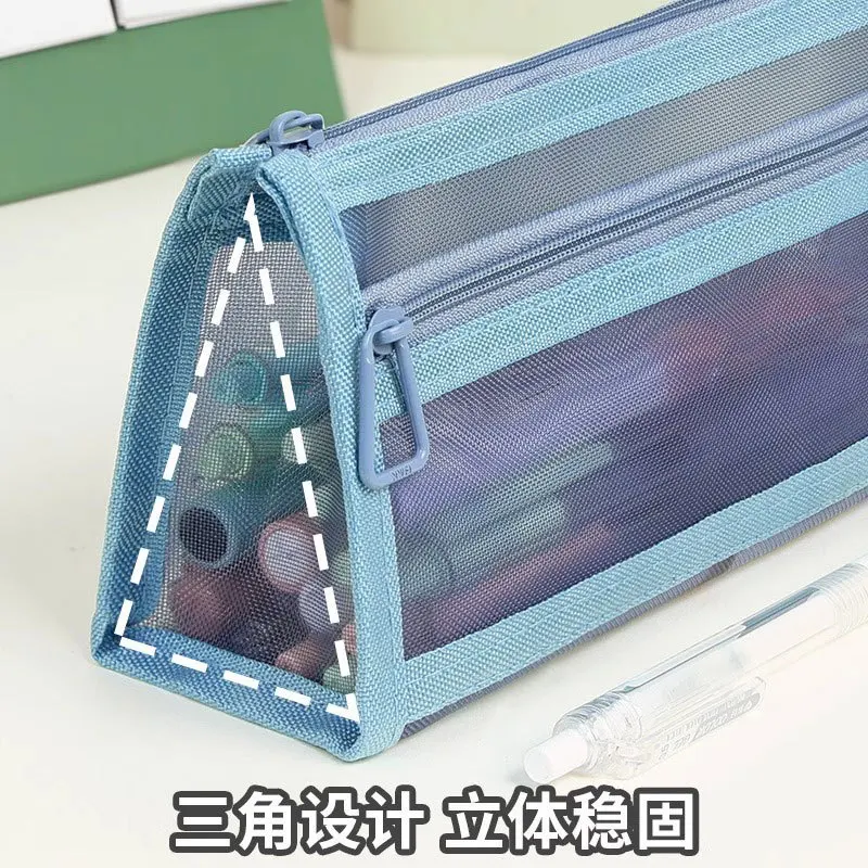 Desk Storage Morandi Grid Mesh Pencil Case with Handle and Zipper Clear Double-layer Pencil Pouch Marker Pouch, Travel Bag