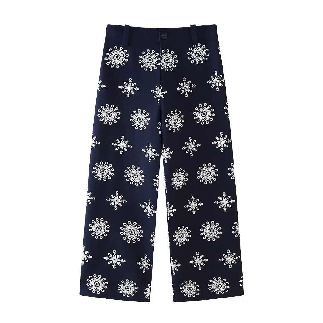 Msvoloa Holiday White Floral ricamo Navy pantaloni da donna eleganti pantaloni dritti a vita alta Bohimian Traf Leg Pants Casual