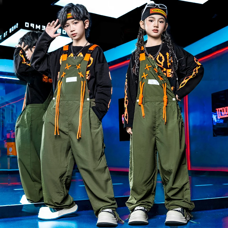 Korean Fashion Kids Hip Hop Overall Suit Dance Rapper Clothes Set Boy Girl Hiphop Streetwear Children Stage Performance Uniform
