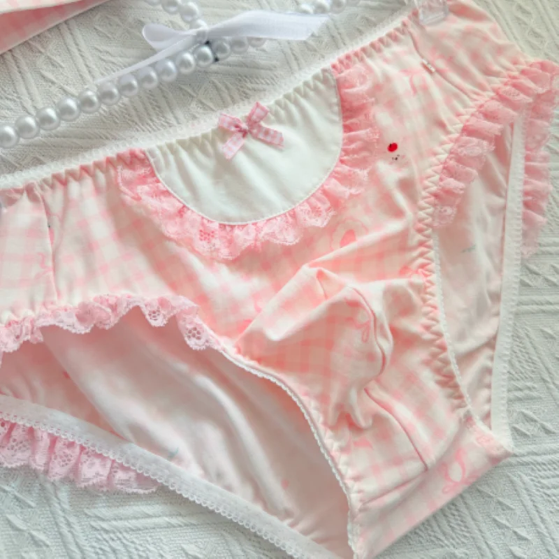 Japanese Bras Briefs Men's Sexy Underwear Set Cross-dressing Cute Pink Plaid Lace Strawberry Print Bra Panties Lingerie Set