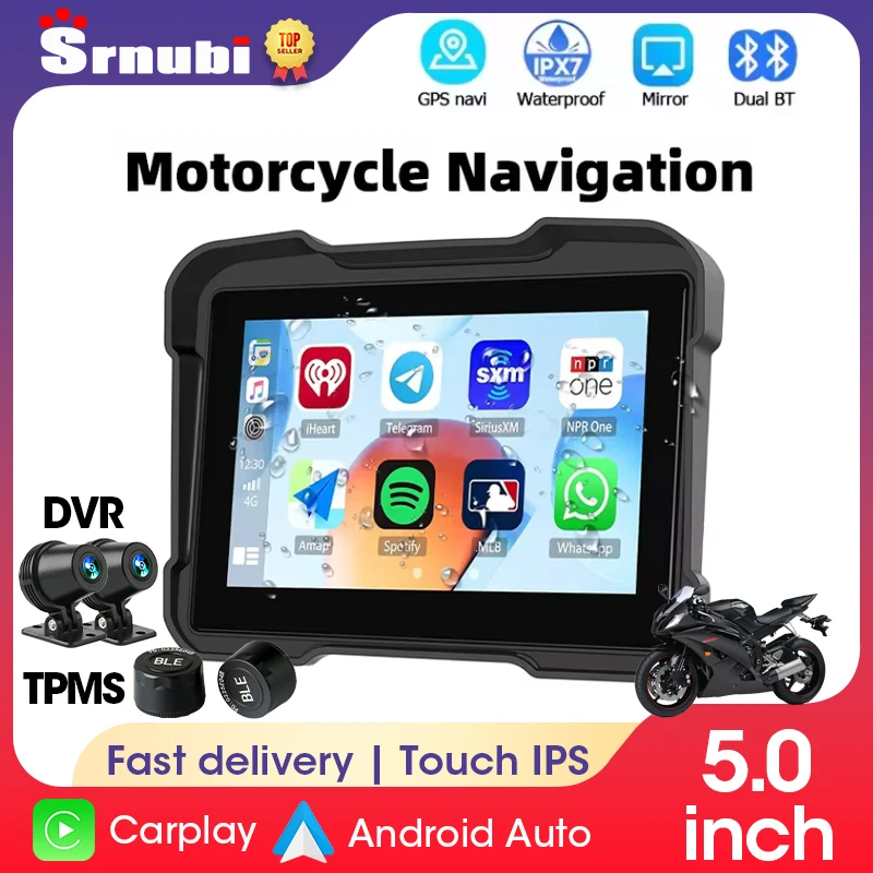 

Srnubi Wireless CarPlay Moto Android Auto 5,0 "Портативная цифровая приборная панель мотоцикла GPS-навигация Экран монитора TPMS